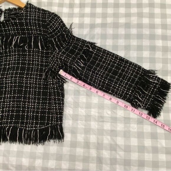 Zara Fringe Plaid Black White Top Western Chic Boho Academia Small office Siren - Picture 11 of 15